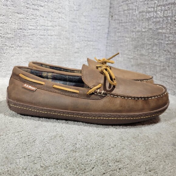 L.L. Bean Men's Size 10M Leather Slip-On Moccasin Slippers Flannel Lined 212164 - Picture 5 of 10
